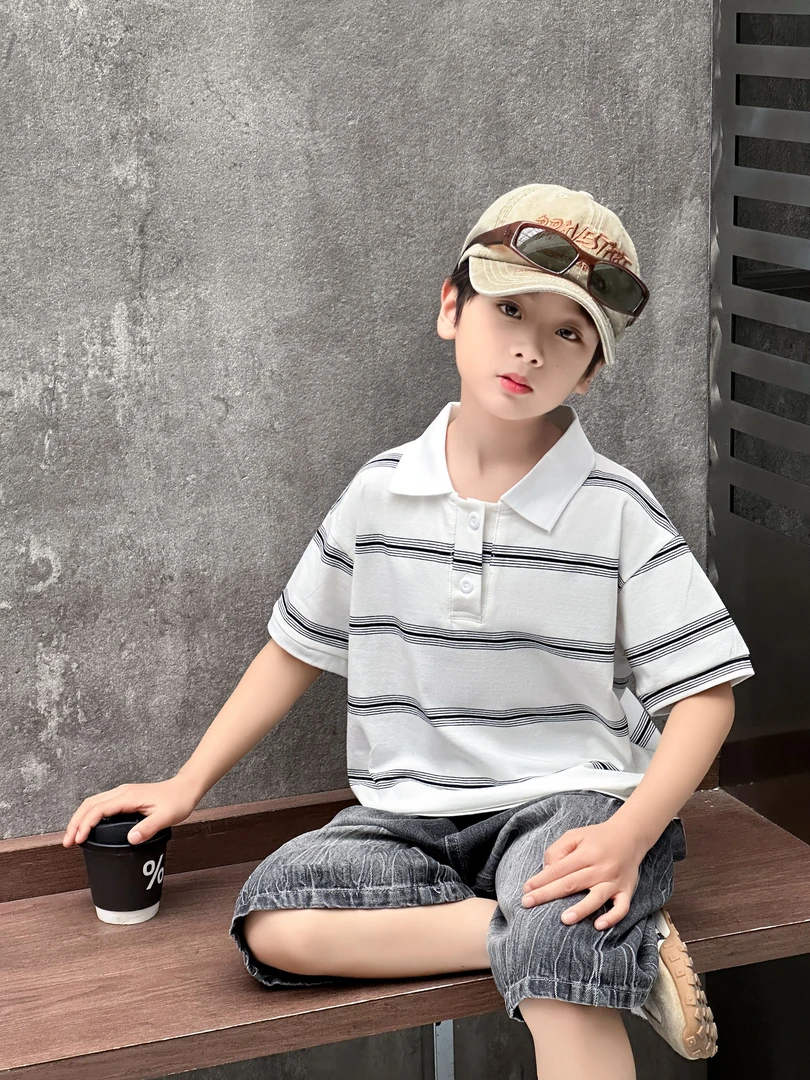 【POLO领条纹】新款时尚中大童polo衫条纹翻领短袖
