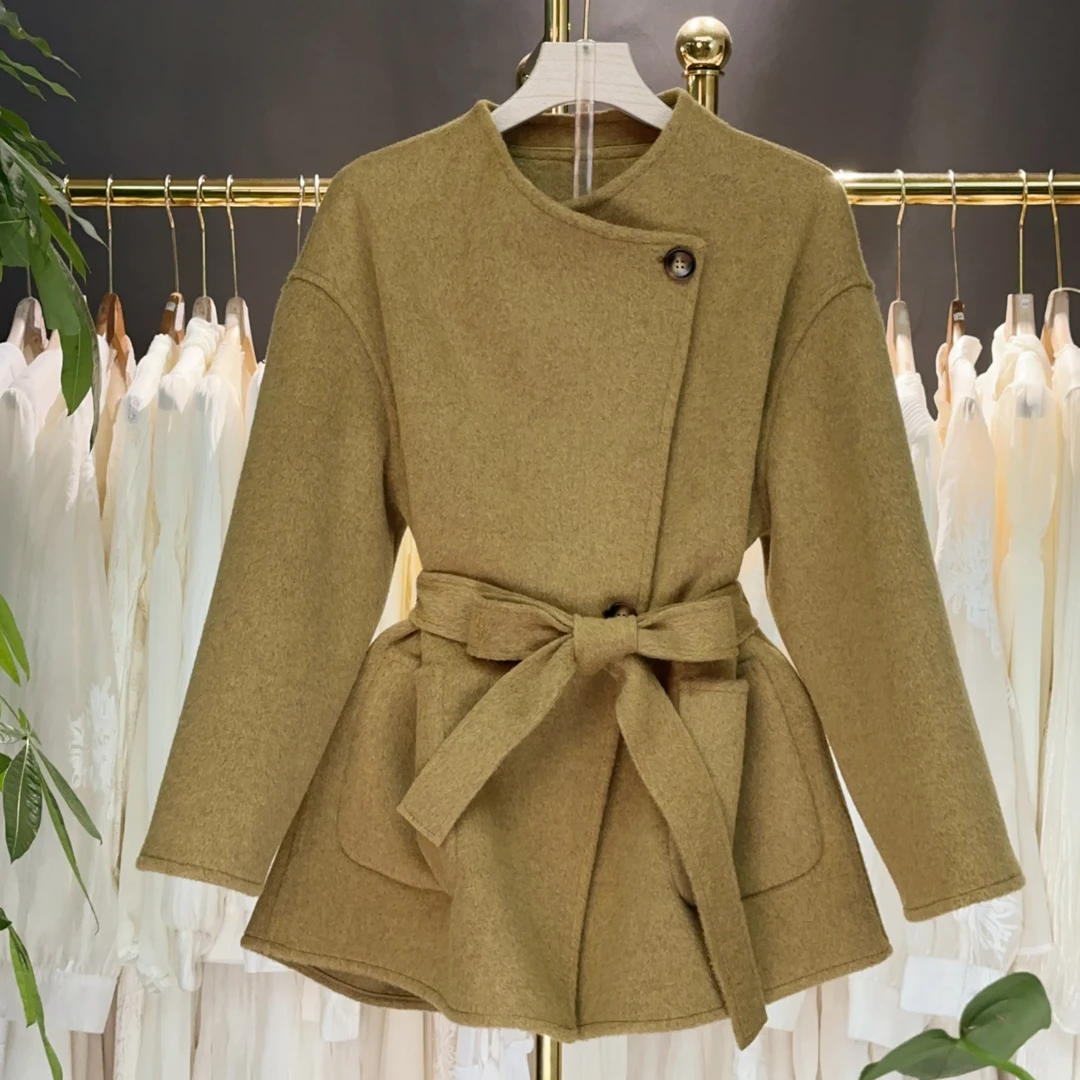 【A9133】2025秋冬新款时尚设计感小个子系带收腰中长款毛呢外套女
