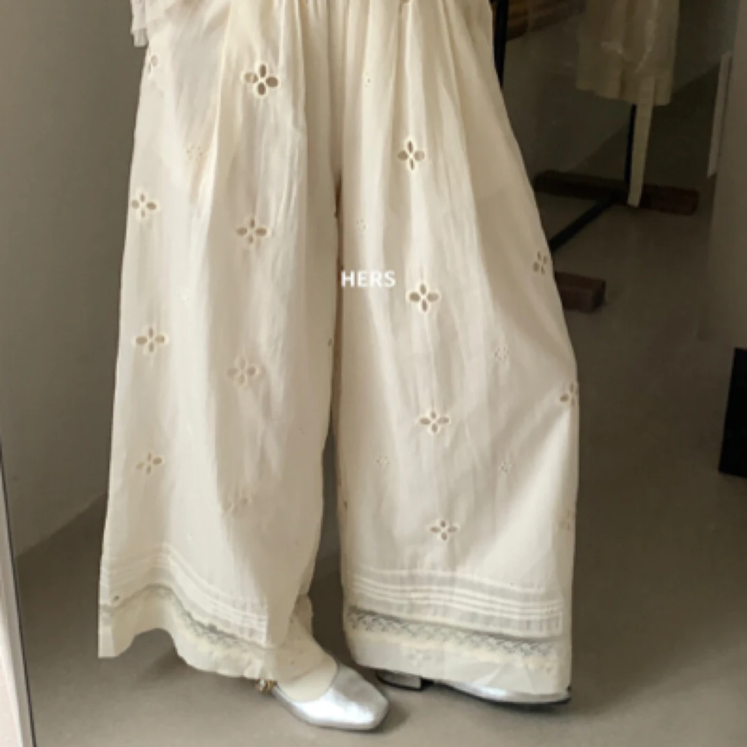 拼接镂空高腰阔腿裤夏季休闲裤宽松白色设计感印花日系显瘦直筒裤