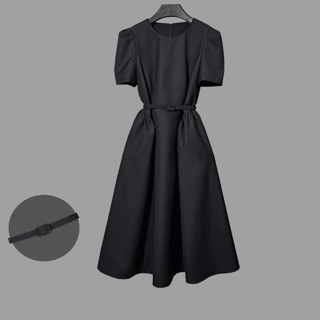 黑色法式赫本风短袖连衣裙夏季显瘦气质修身小众长裙