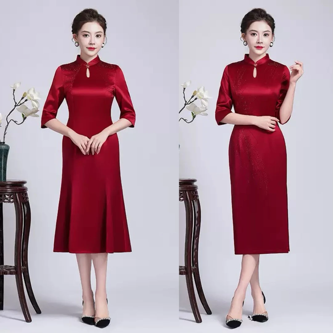 【高定礼服裙】进口三醋酸修身改良旗袍结婚妈妈装喜婆婆婚宴装Y