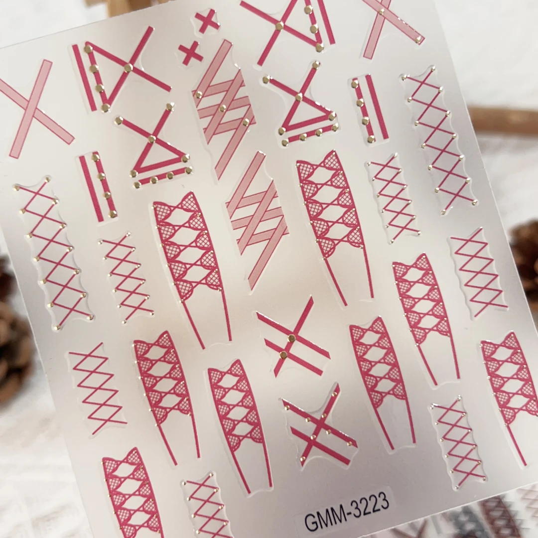 烫金铆钉蕾丝绑带六张美甲贴纸黑白精致格纹带背胶指甲装饰品