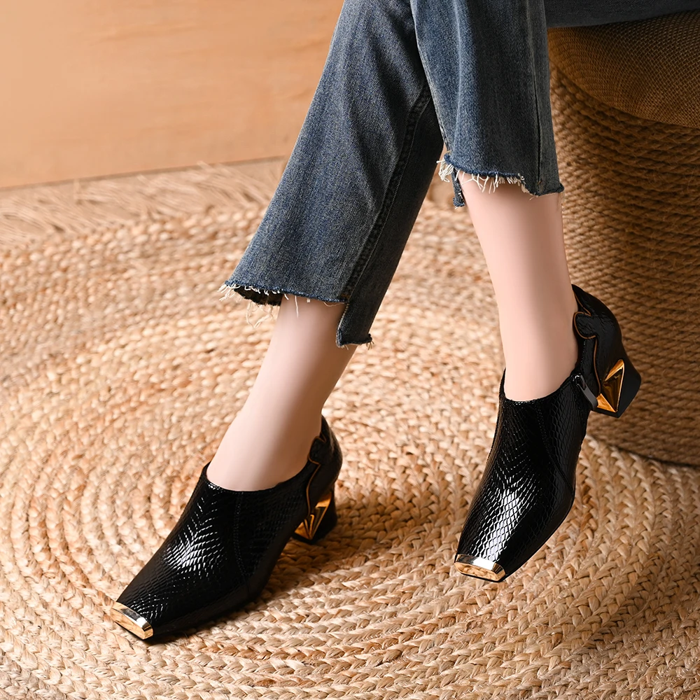 头层牛皮铁头深口粗跟单鞋女春秋新款气质方头高跟百搭通勤小皮鞋