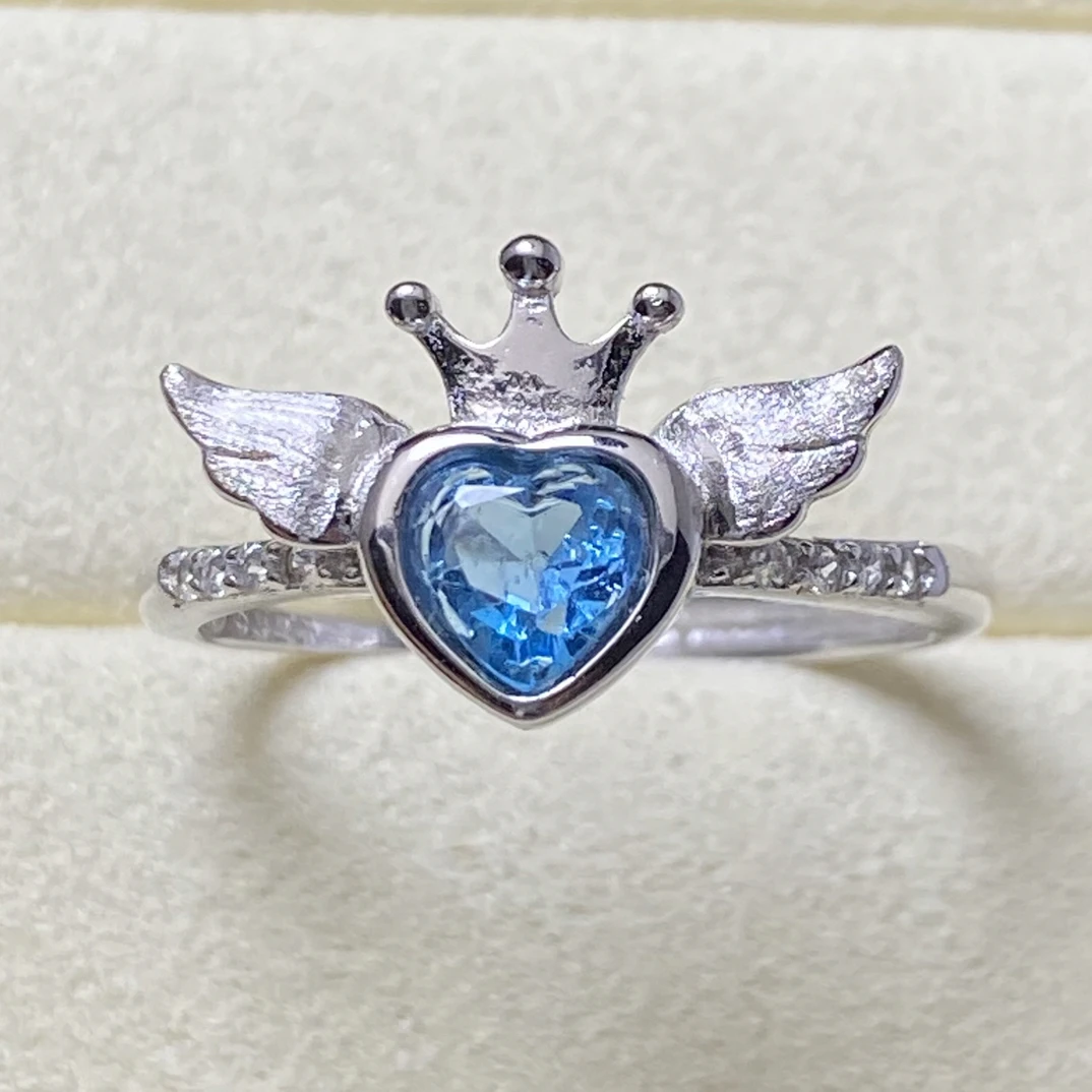 翅膀皇冠天然托帕石戒指s925银6mm爱心创意个性时尚百搭X2