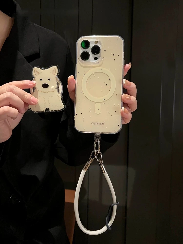 卡通西高地磁吸支架适用iPhone17promax手机壳泼墨简约苹果15斜挎