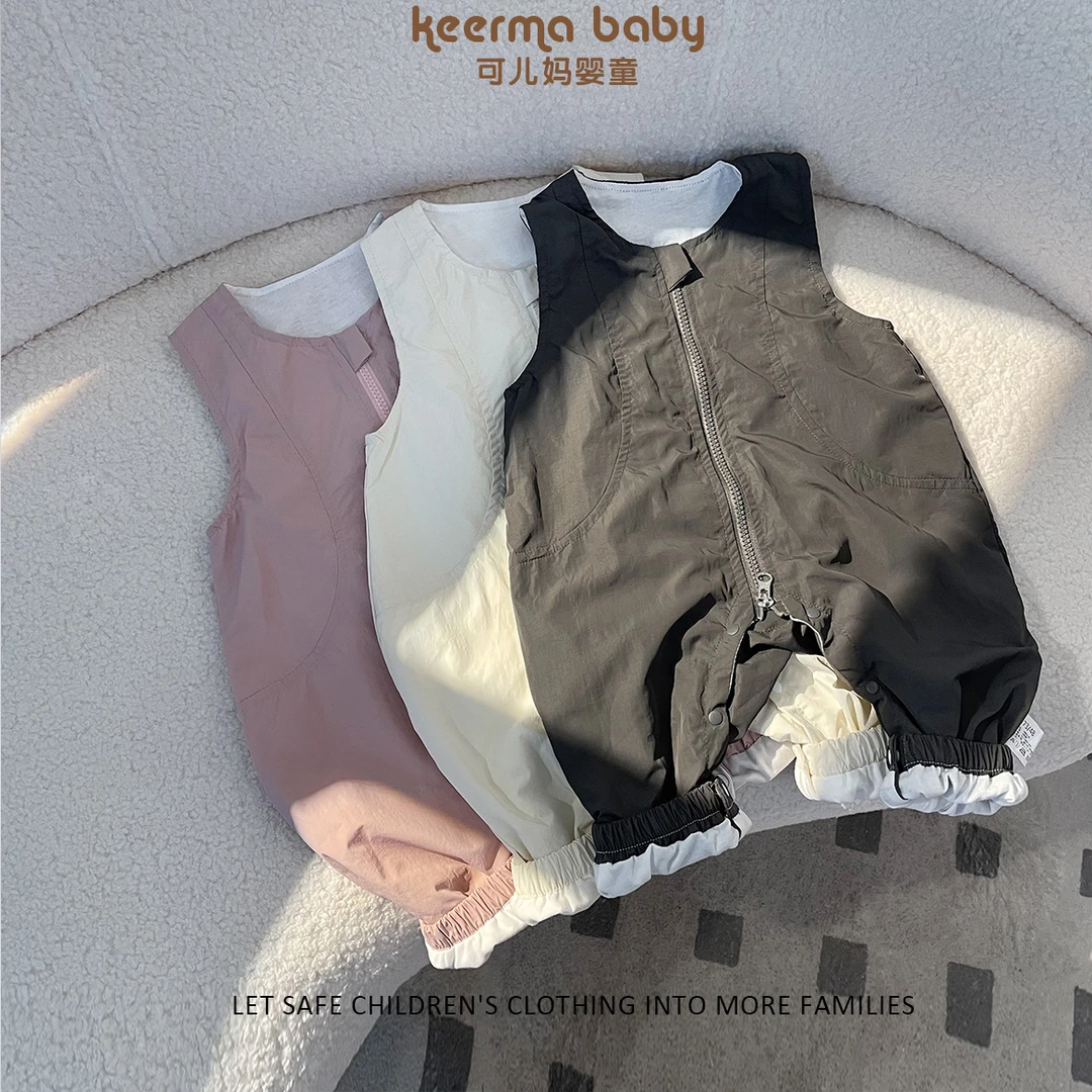 【可儿妈】儿童宝宝无袖新款时尚休闲拉链连体衣纸感皱背带裤