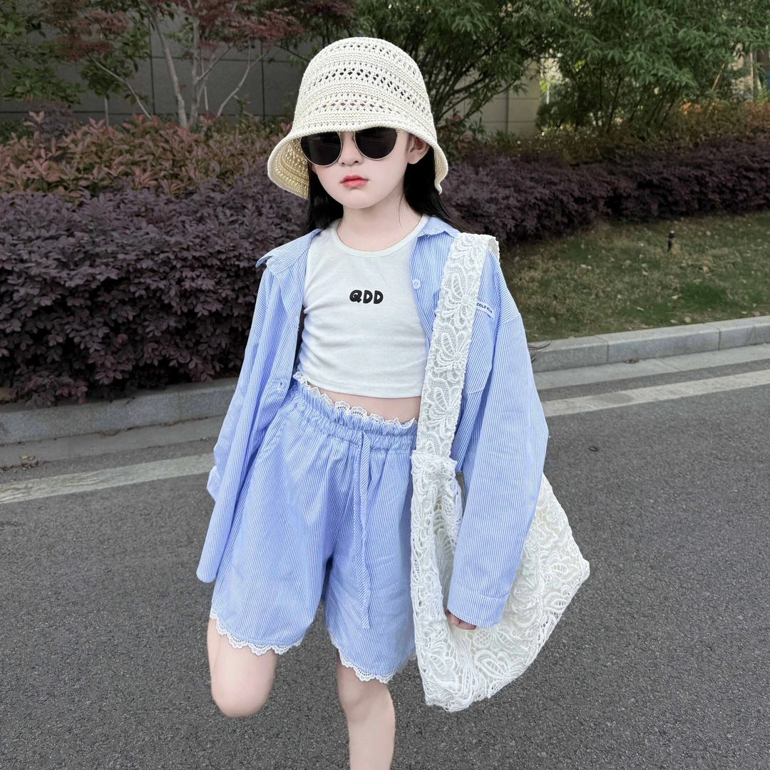 女童防晒2025夏季新款儿童薄款条纹衬衫洋气中大童防晒三件套