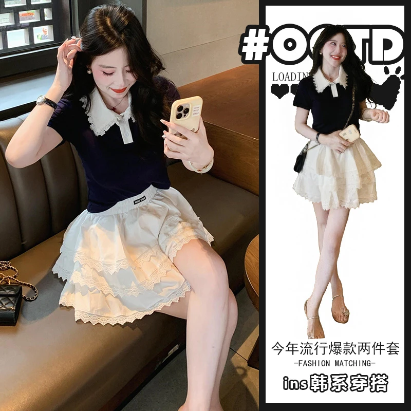 少女感别致穿搭两件套2025年新款时尚翻领蕾丝上衣高腰短款蛋糕裙