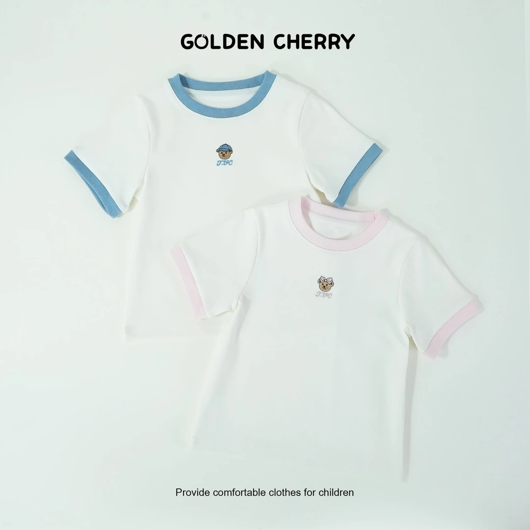 【金樱桃Golden cherry】小童圆领字母小熊刺绣拼色洋气T恤283193