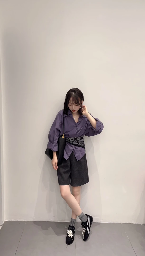 202秋季新款韩系气质紫色配丝巾长袖掐腰衬衣休闲百搭灰色阔腿裤