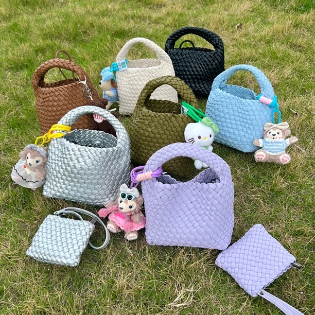 （配挂饰）韩国进口真皮纯手工编织菜篮子单柄水桶包单肩斜挎手提包