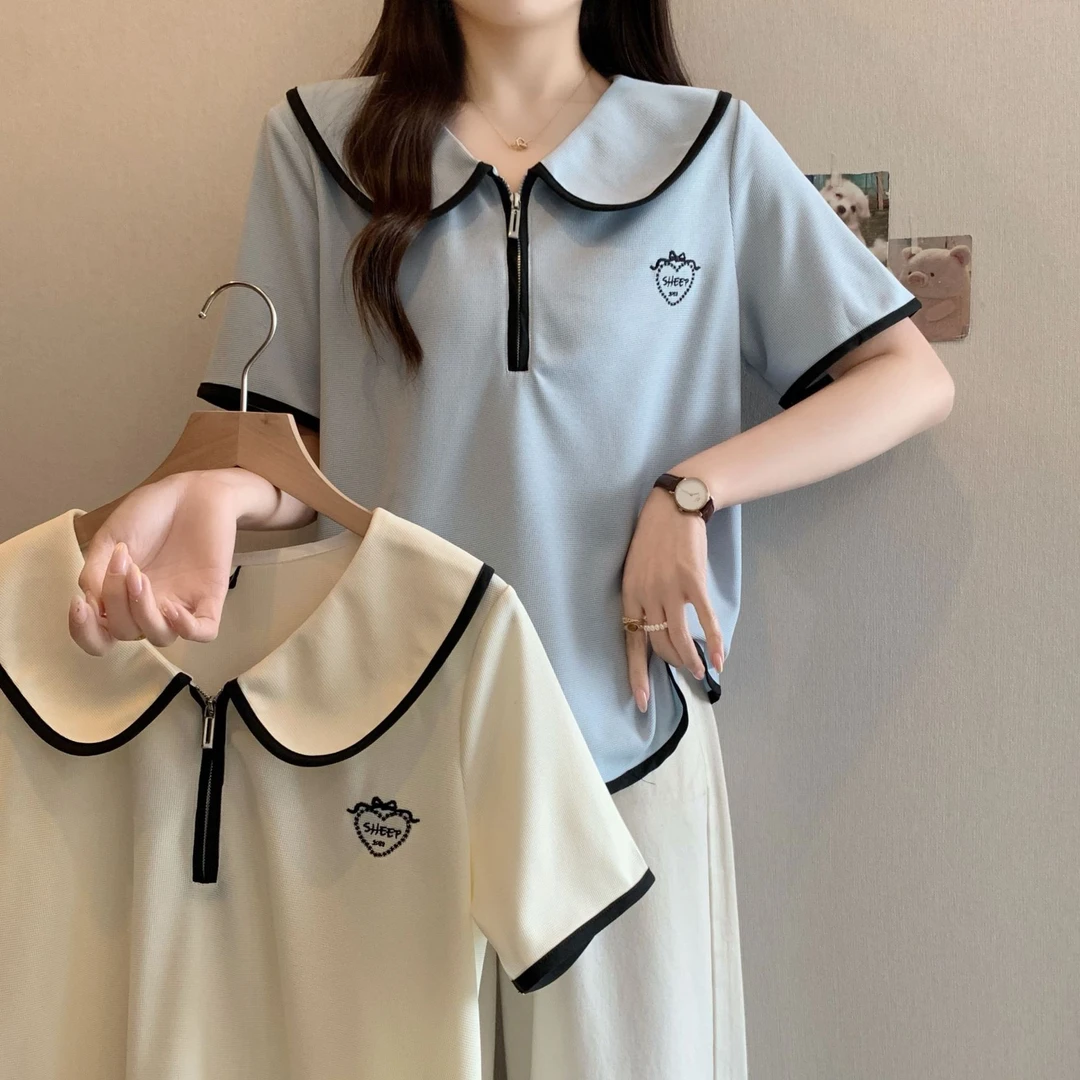 大码女装2025夏季韩版撞色娃娃领半拉链上衣正肩别致短袖T恤64037