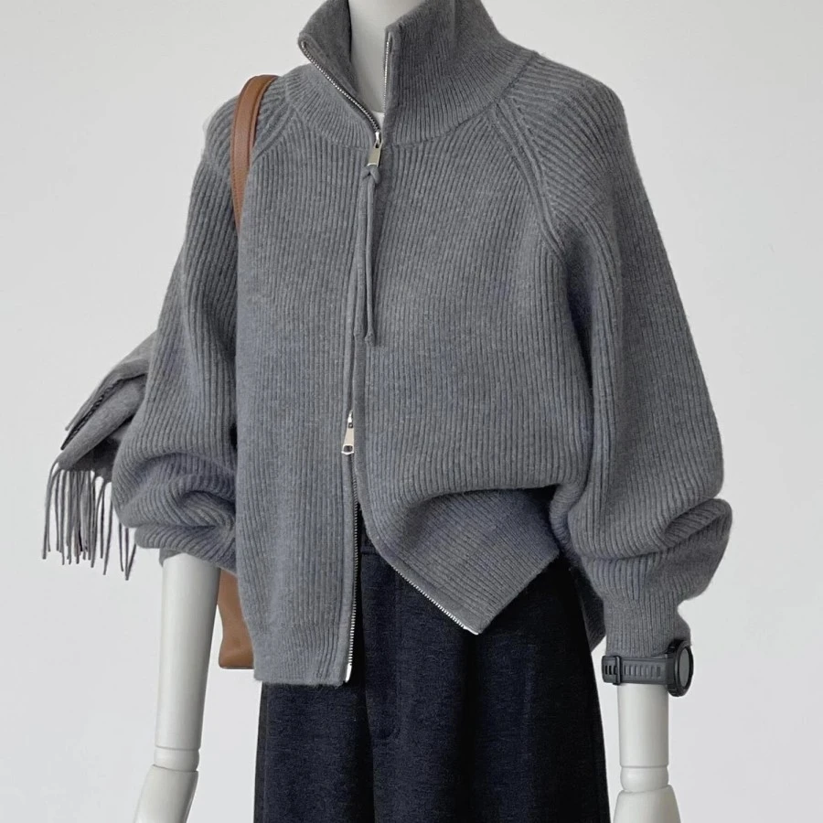 三彩双拉链灰色高领针织开衫女秋冬季新款宽松慵懒风毛衣外套加厚