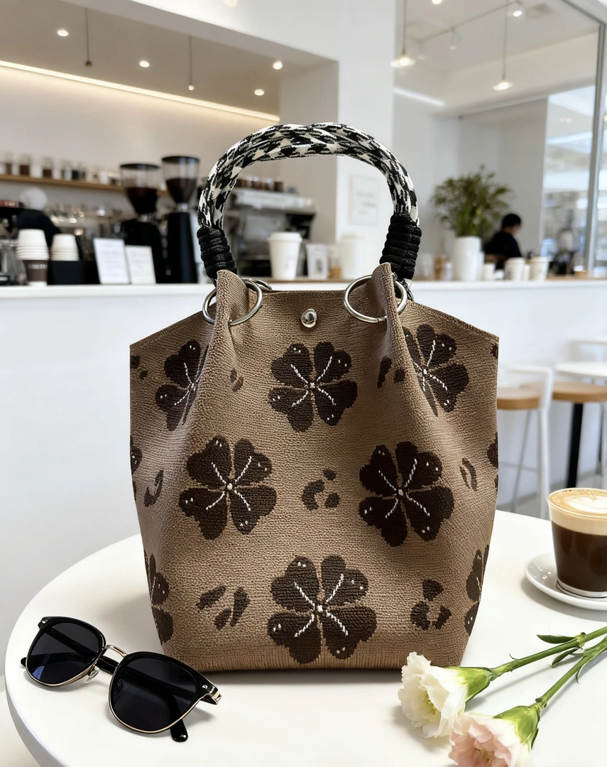 手提包便携包水桶包手拎包款时尚百搭针织织花磁扣水桶包肩包复古