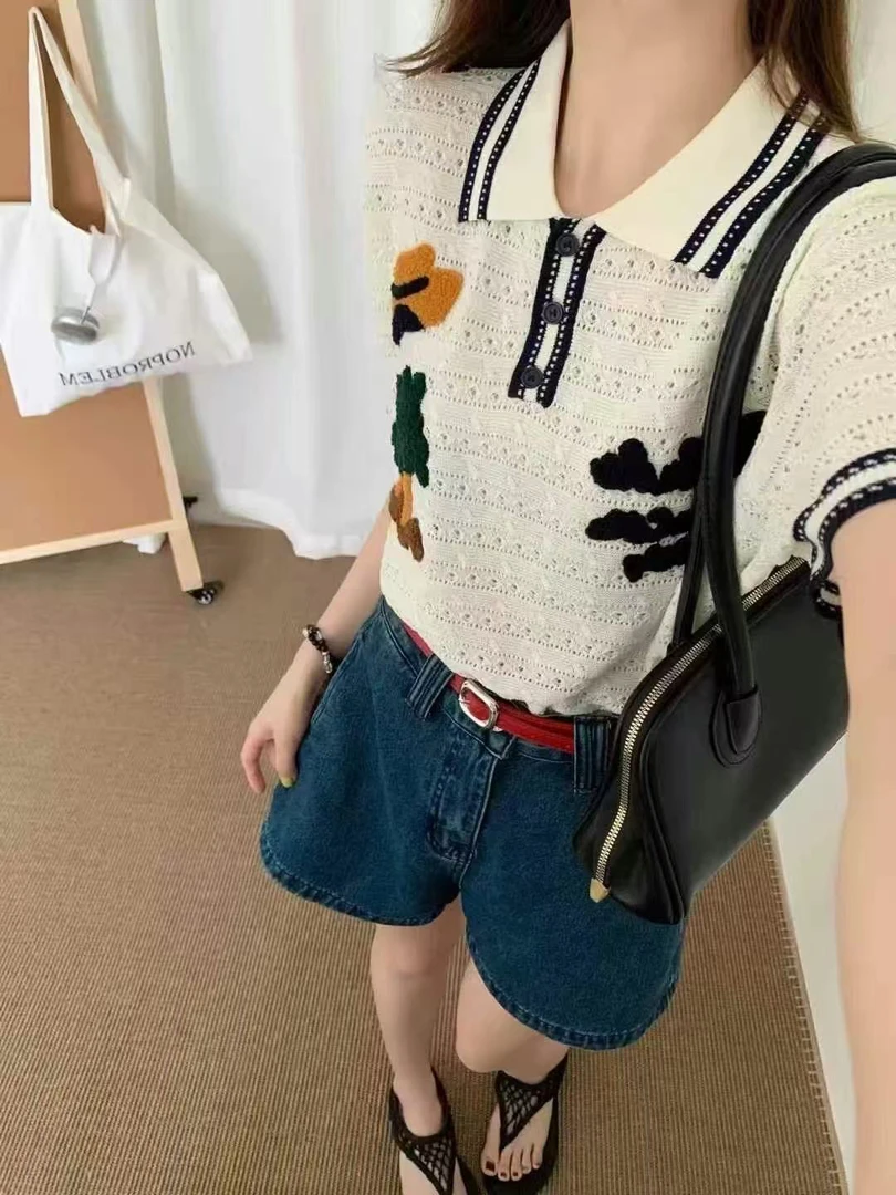 2025夏季新款欧货拼色边镂空刺绣翻领针织衫2468