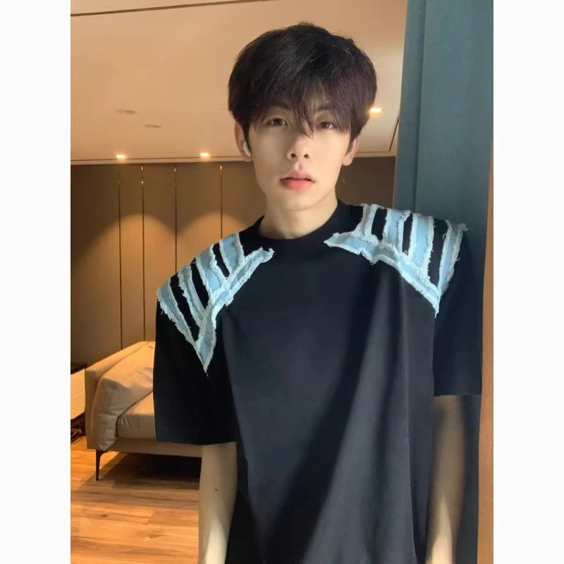 美式解构设计感垫肩短袖男款夏季新款牛仔拼接欧若运动风t恤上衣