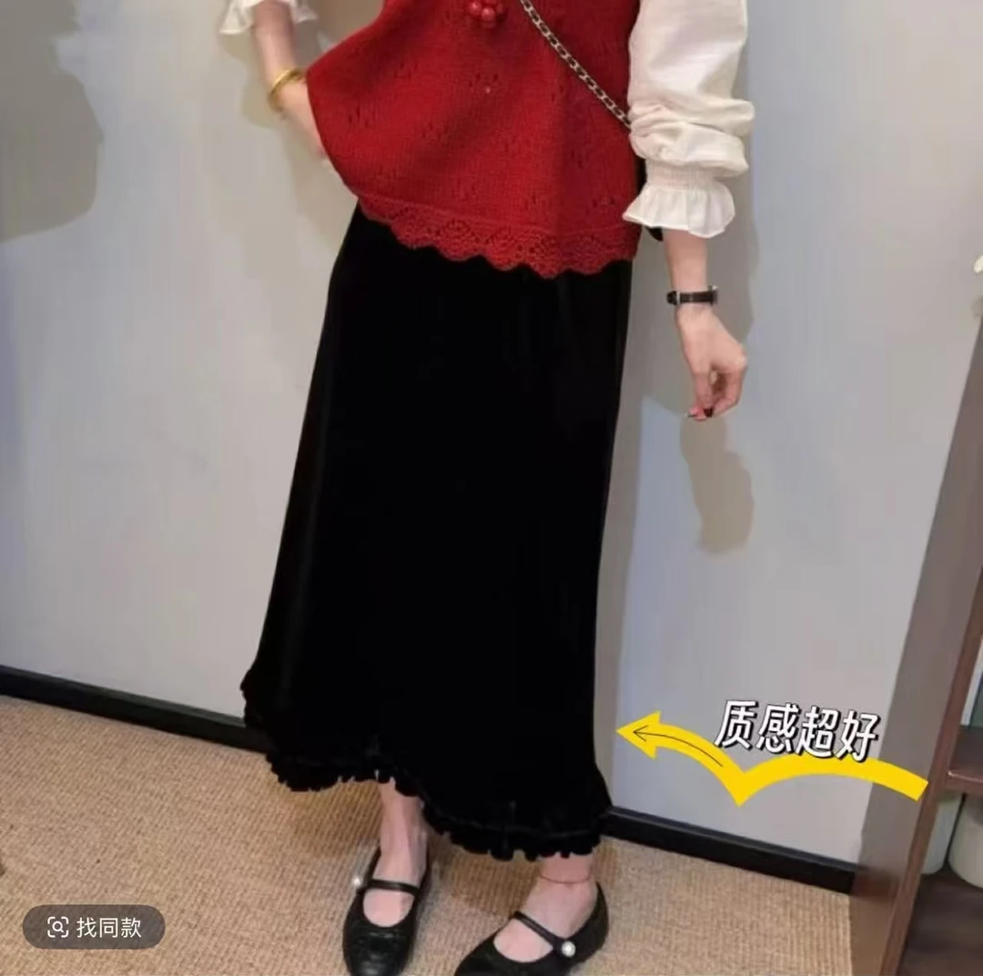 aBL滨莉家【6896】法式气质木耳边后开叉加绒小香丝绒中长裙