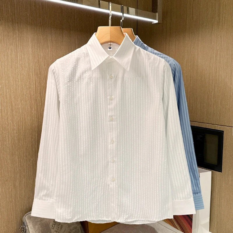 意式儒雅青年复古文艺条纹衬衫男春季新款轻商务休闲男士衬衣长袖