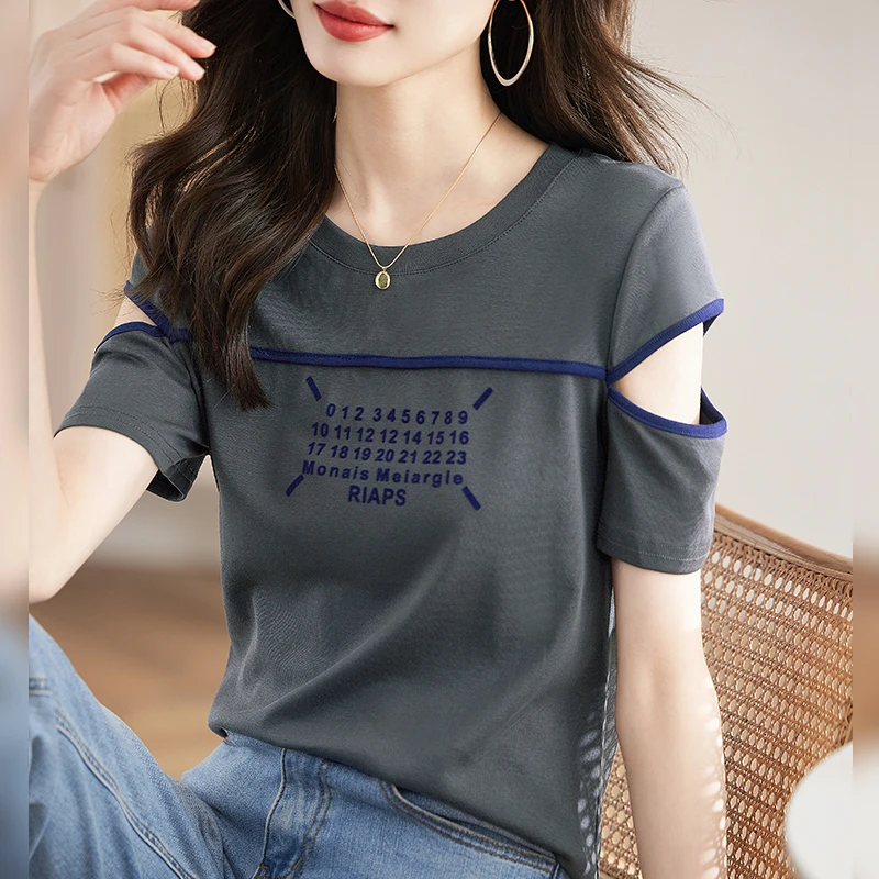 露肩短袖t恤女夏季2025新款韩版字母印花休闲时尚洋气遮肚子上衣
