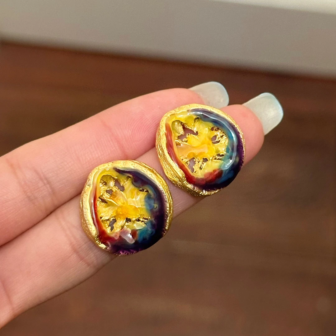 铜合金珐琅耳饰 E0577复古古风设计师中古民族风幻彩古法耳环