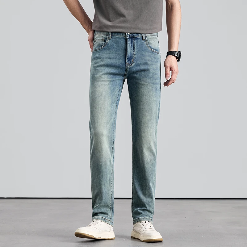 高端商务男士弹力修身新款牛仔裤男裤裤子蓝色九分直筒时尚春季
