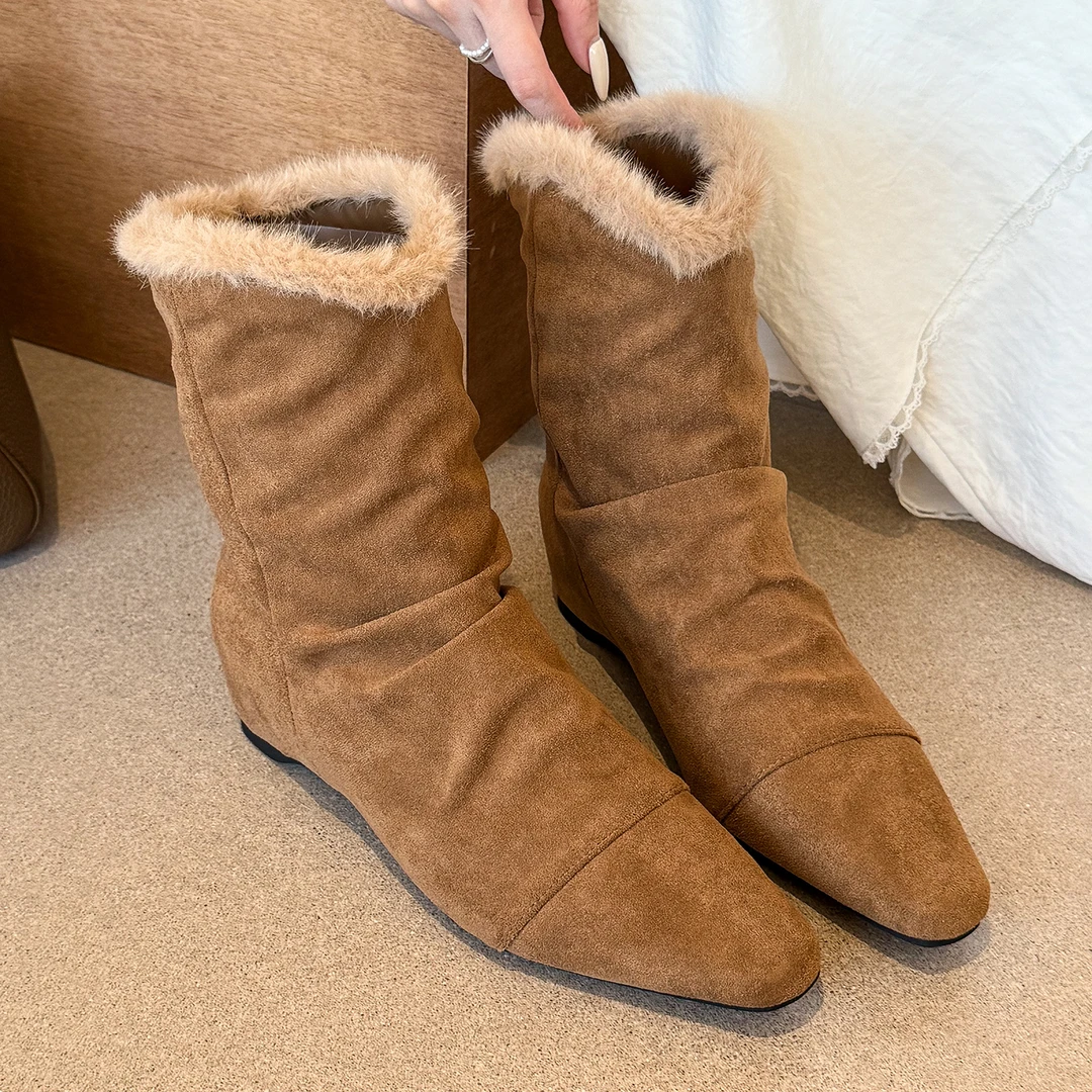 elingstudio 暖冬栗子！温柔韩系毛绒内增高短靴女2025秋冬马丁靴