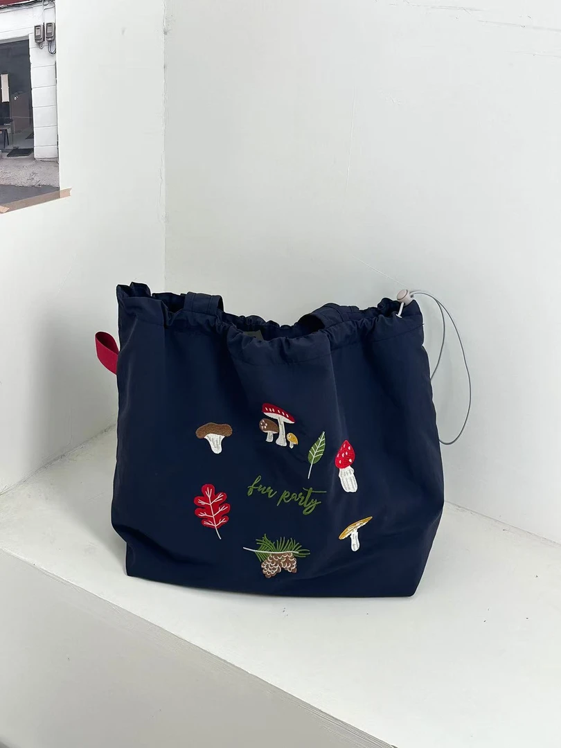 托特包百搭水洗单肩韩版抽绳单肩包日系可爱风