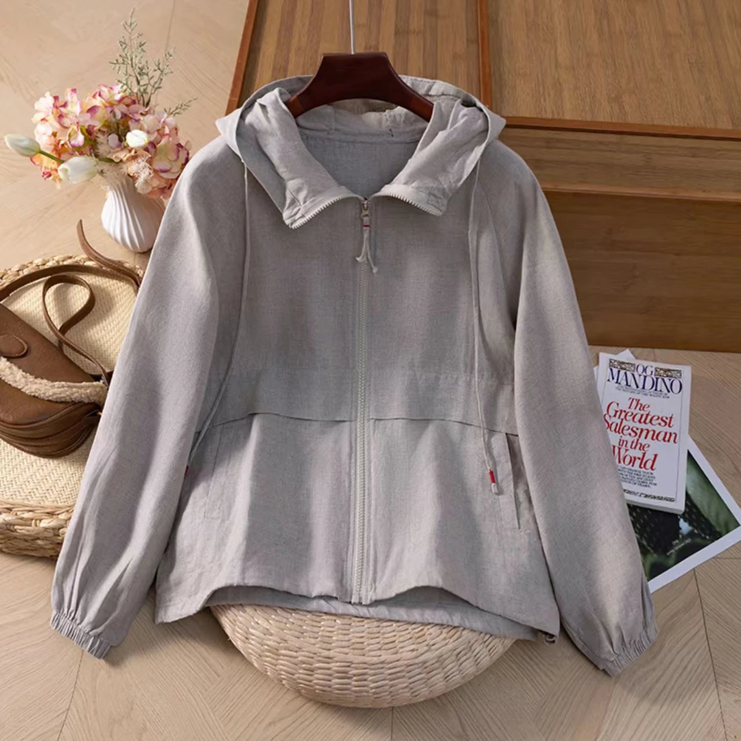 2025年早秋装新款韩版时尚宽松连帽拉链款100汉麻上衣外套时髦