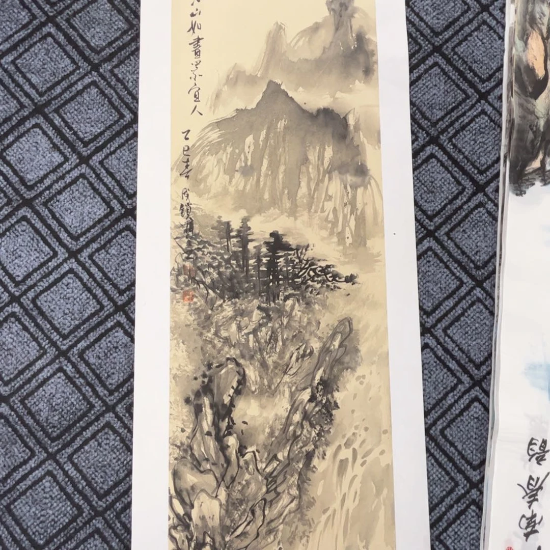国画三尺对开山水作品