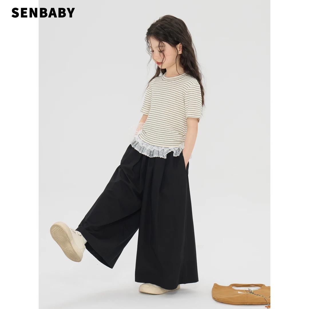【现货】senbaby童装女童条纹T恤夏季短袖上衣简约条纹蕾丝边T恤衫