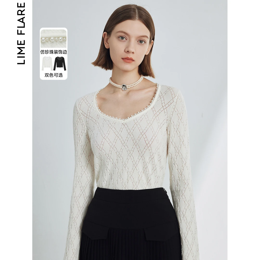 莱茵修身复古双色毛针织衫设计感微喇针织上衣LMFA18KPR262