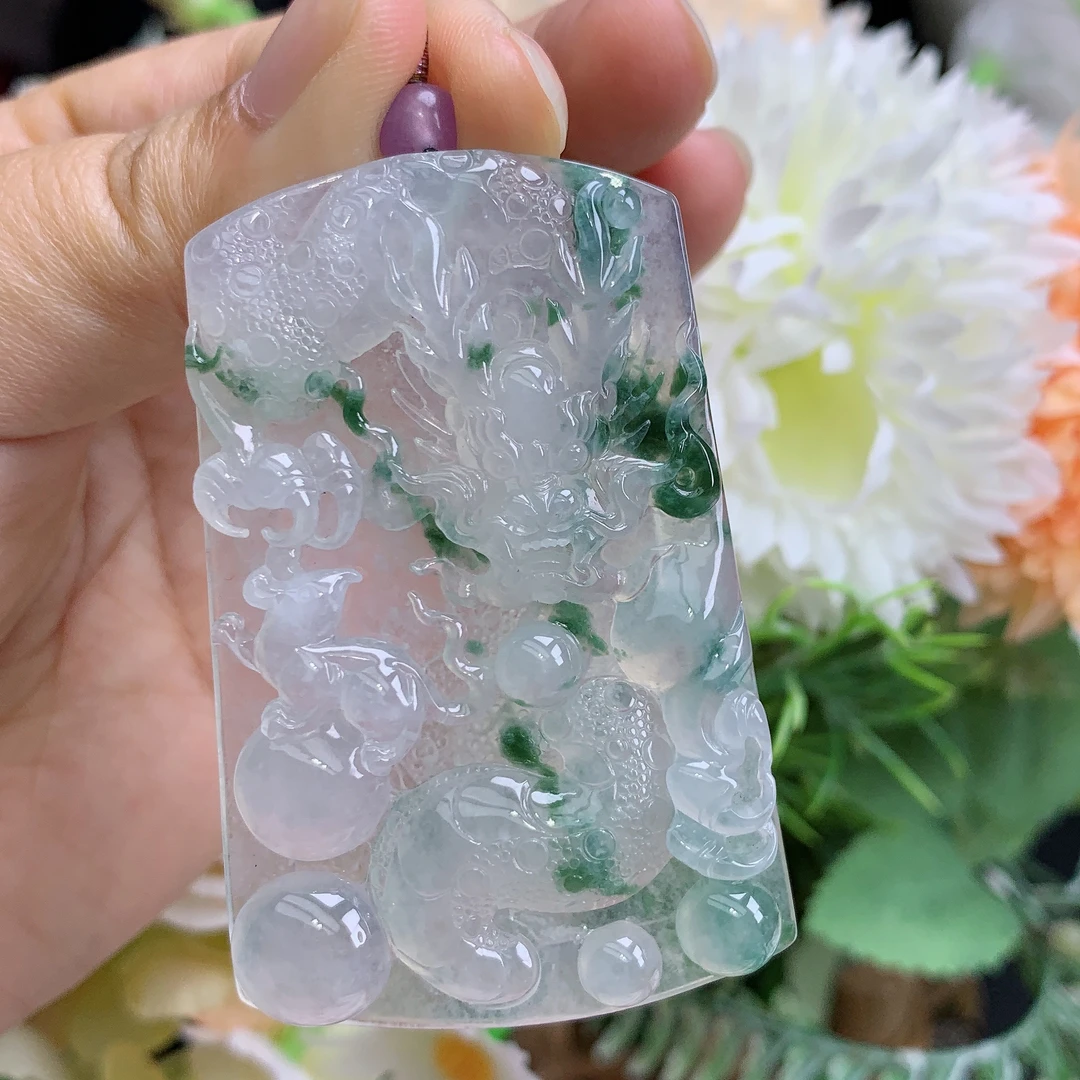 缅甸天然翡翠A货玉石高冰起光飘花霸气龙牌财尺寸61/39.6/6.1mm