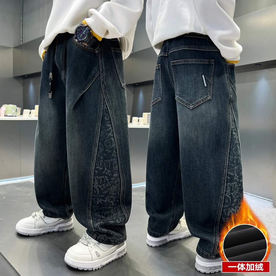 男童牛仔裤冬装中大童加绒保暖裤子2025新款秋冬季儿童一体绒长裤