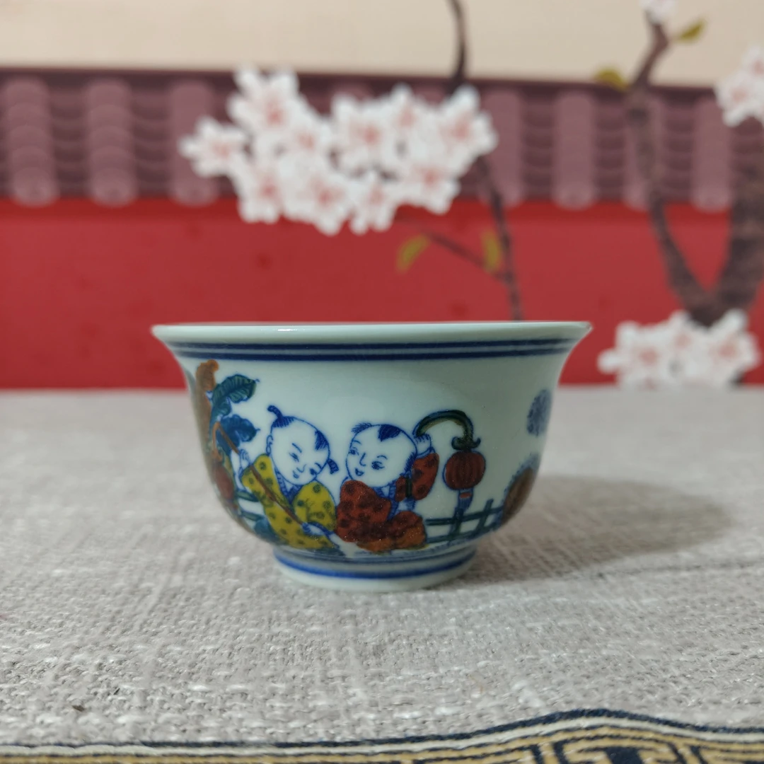 景德镇陶瓷绿稀土青花斗彩手绘童子童趣茶杯主人杯品茗杯柴窑茶具