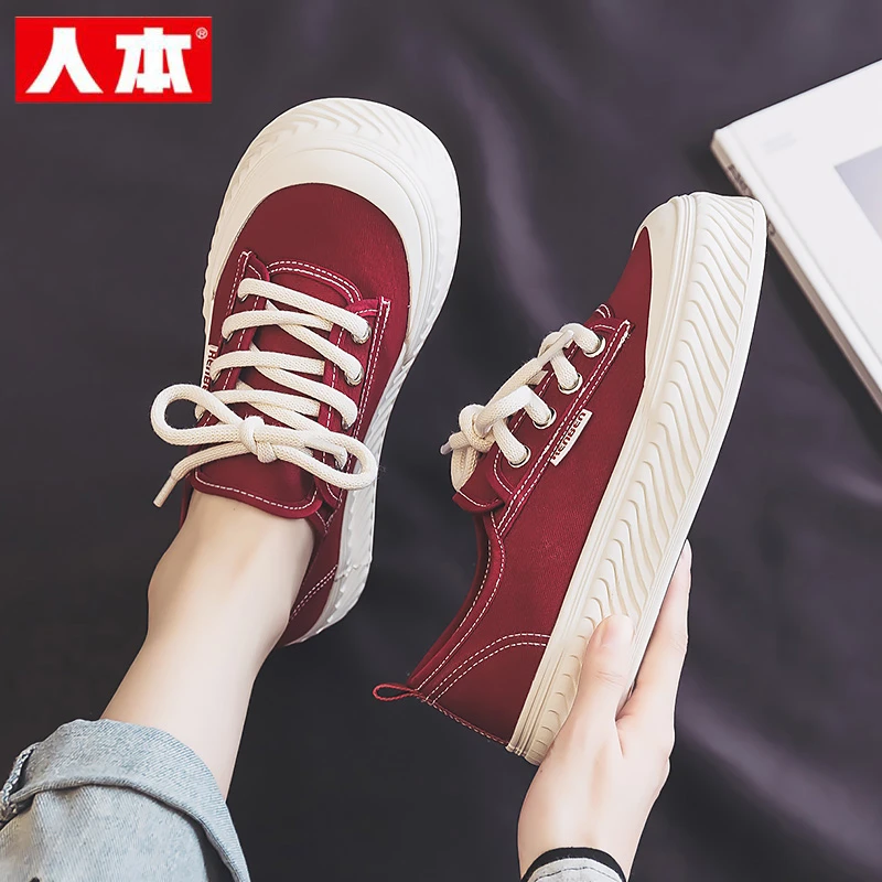 人本红色厚底帆布鞋女2025秋季新款大头百搭厚底芒果头板鞋运动鞋