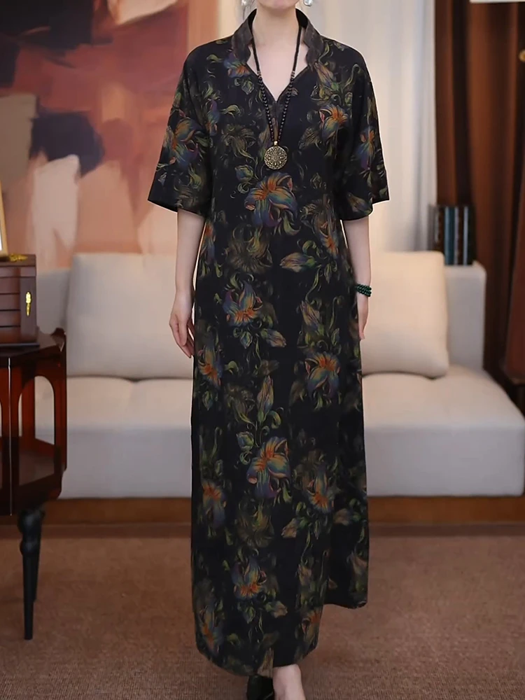 知性优雅中年妇女高贵连衣裙2025复古印花绑带收腰不显肚字a字裙