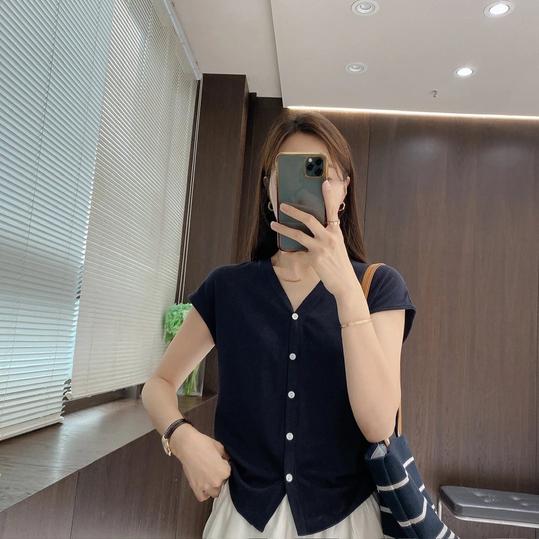 IMFLY金小金自制女装 莱赛尔针织衫DYW9395老钱风V领开衫针织短袖