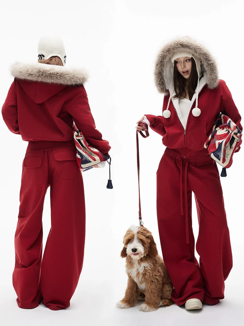 辣妹熔岩红连帽毛领加绒连帽卫衣外套女休闲百搭弯刀卫裤两件套