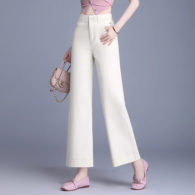 哥弟阿玛施正品阔腿牛仔裤女夏季新款高腰显瘦垂感刺绣九分直筒裤