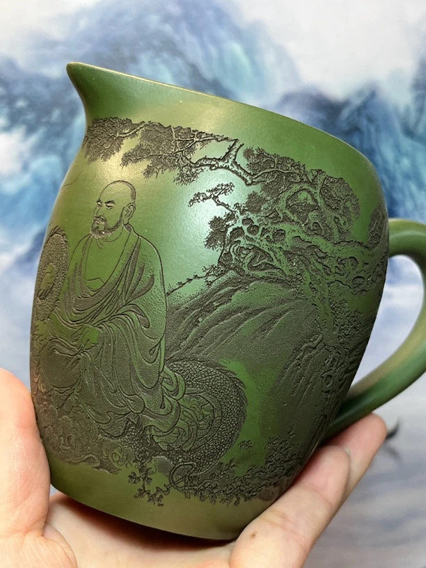 A05原矿绿泥紫砂公道杯刻绘祥龙罗汉茶具分茶器