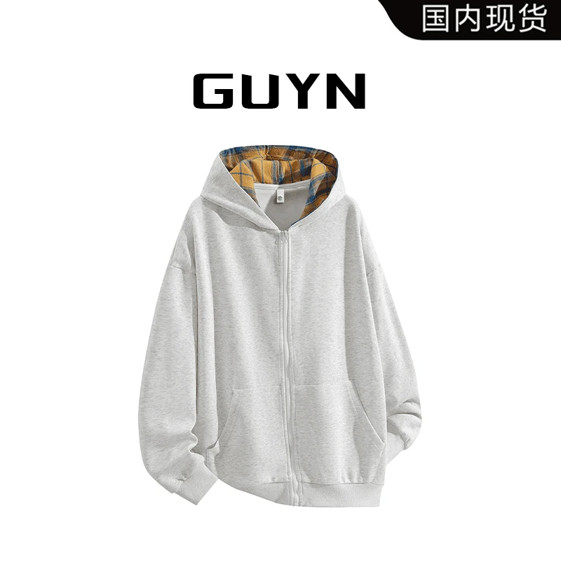 【品牌现货】GUYN时尚休闲卫衣男生格子连帽小清新文艺风宽松外套