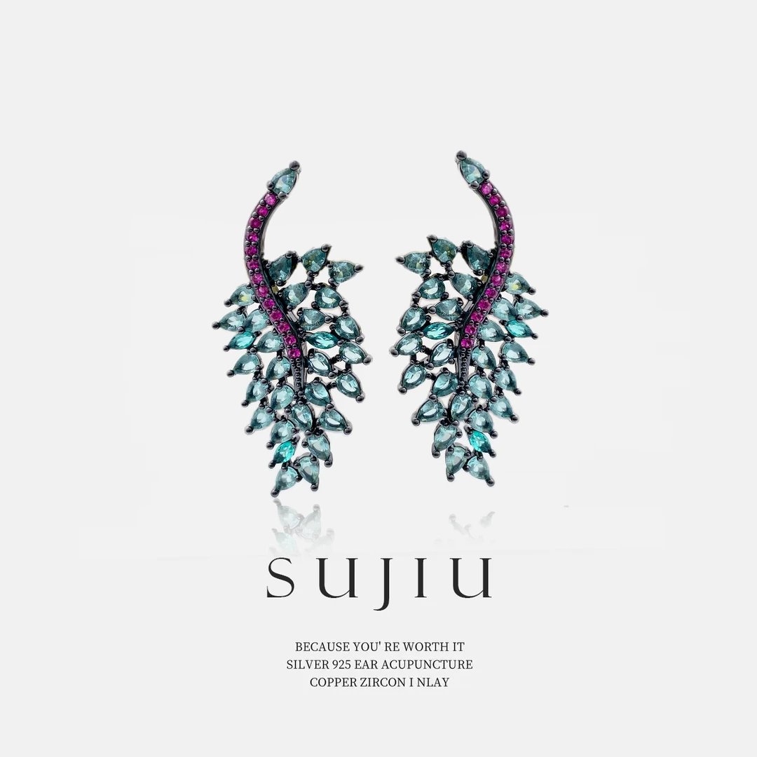 铜合金耳饰 SUJIU 925银针【墨蓝焰羽】设计师手工耳钉耳环耳坠7520
