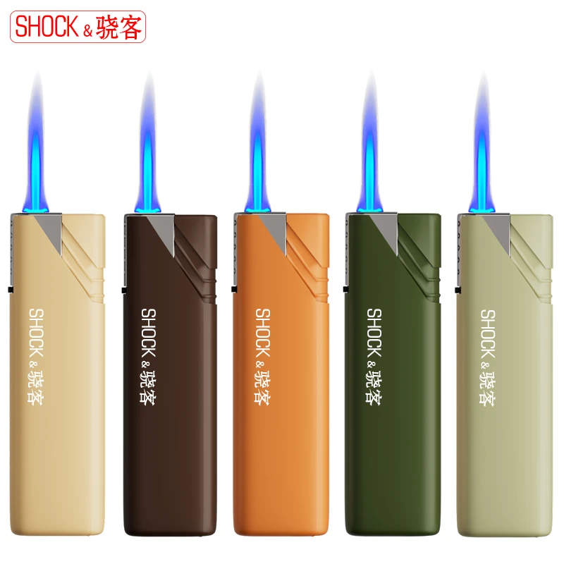 高颜值蓝焰直冲打火机金属磨砂个性创意防风可充气商场超市批发