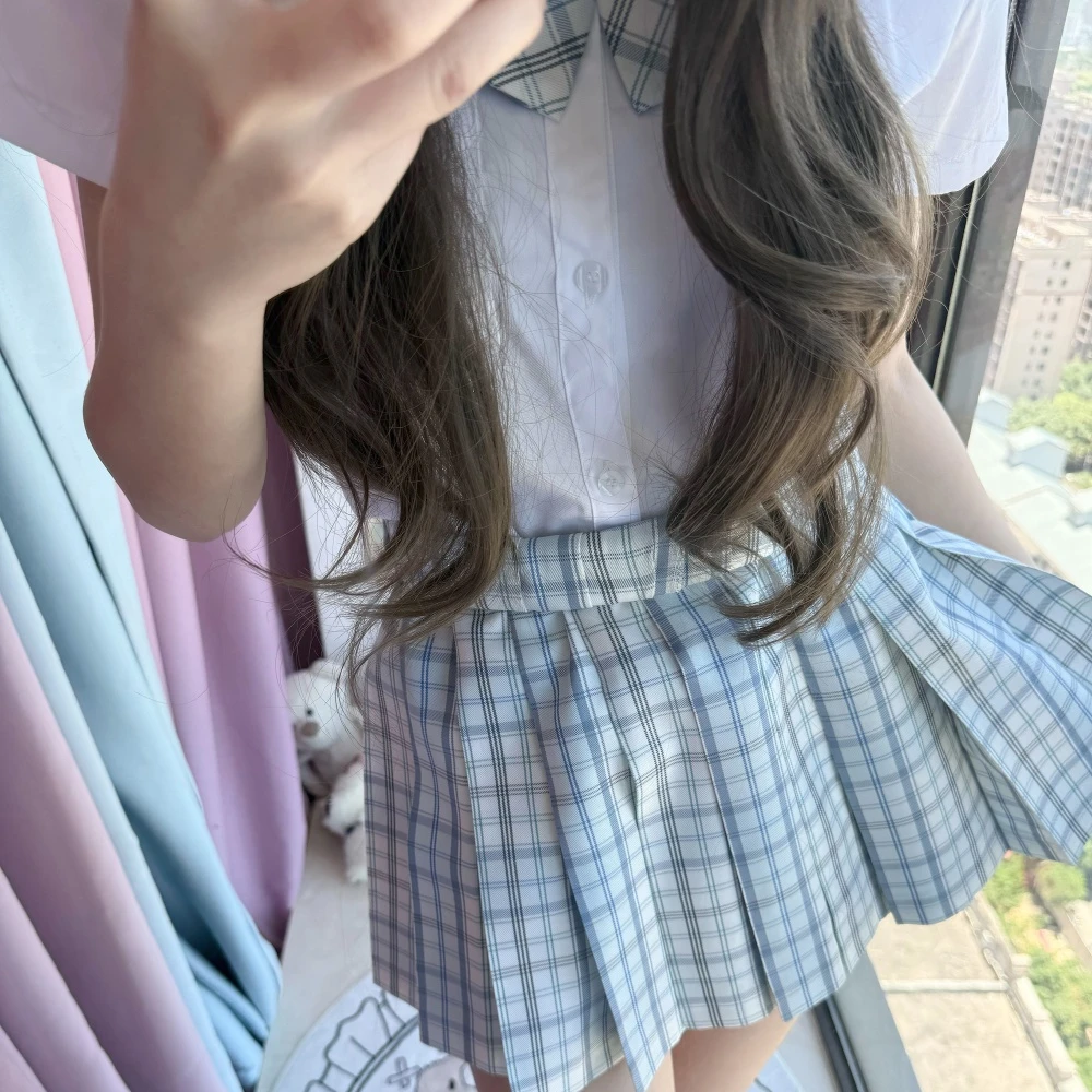 小暮花恋jk制服原创格裙【海边日记】学院风女百褶裙短裙浅蓝白色夏