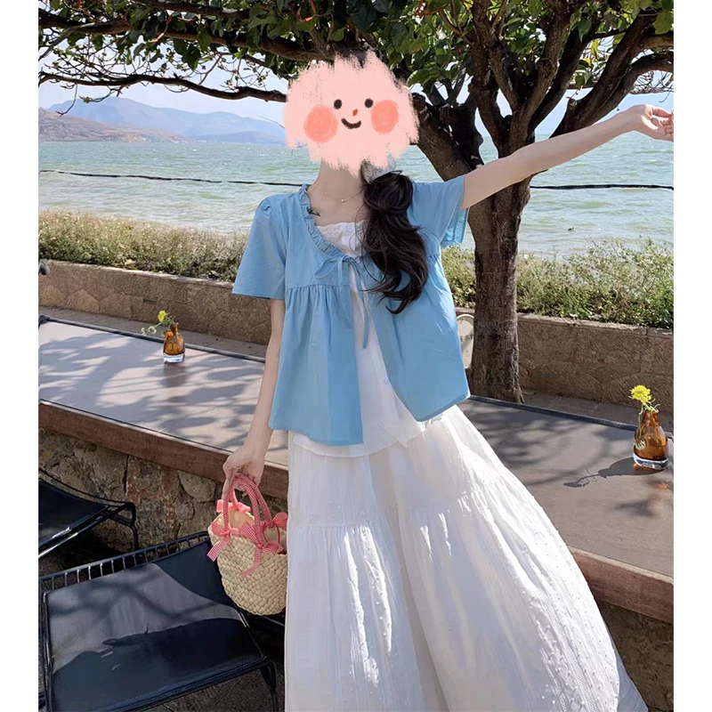 大码系带假两件短袖衬衫女夏季半身裙甜美风两件套987908#