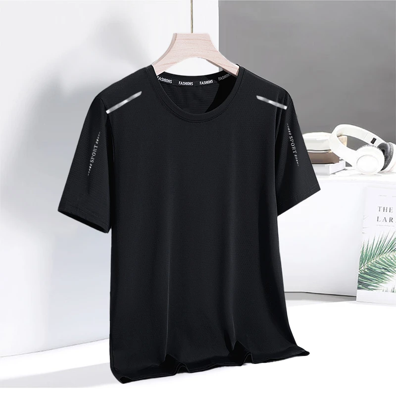 夏季轻奢休闲圆领宽松冰丝网眼短袖速干透气男士运动冰爽t恤百搭