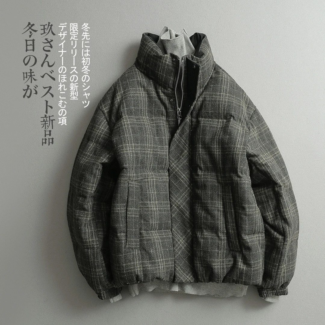 【见川】冬季复古绿格纹绒面鹅绒服 男