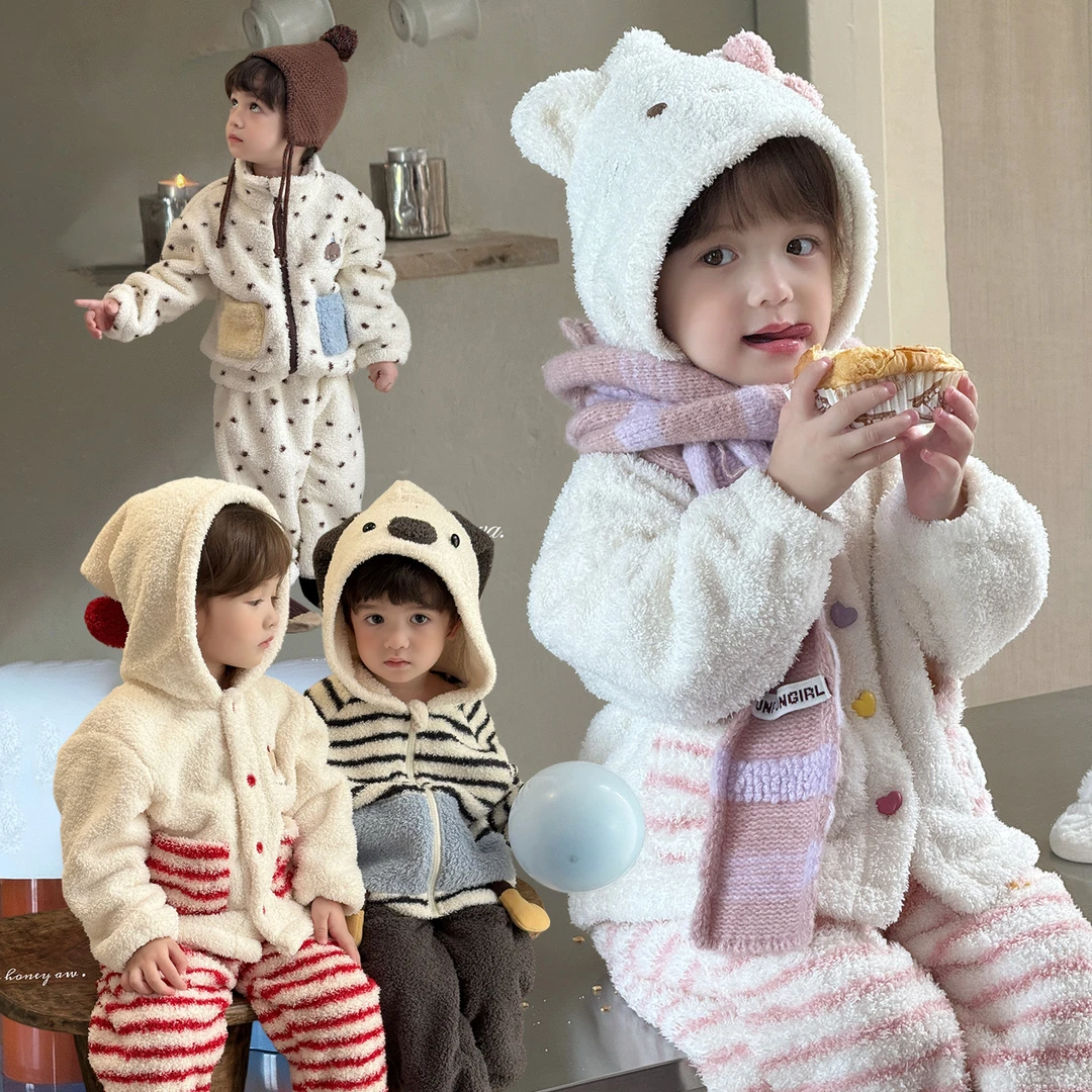 现货【嘿甜心】儿童冬季软糯可爱卡通女童半边绒家居服套装Z-24009