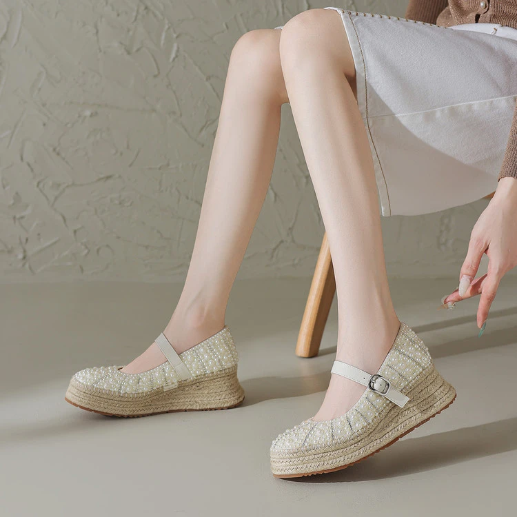 5cm浅口厚底渔夫鞋女真皮草编玛丽珍鞋2025新款秋季串珠高跟单鞋