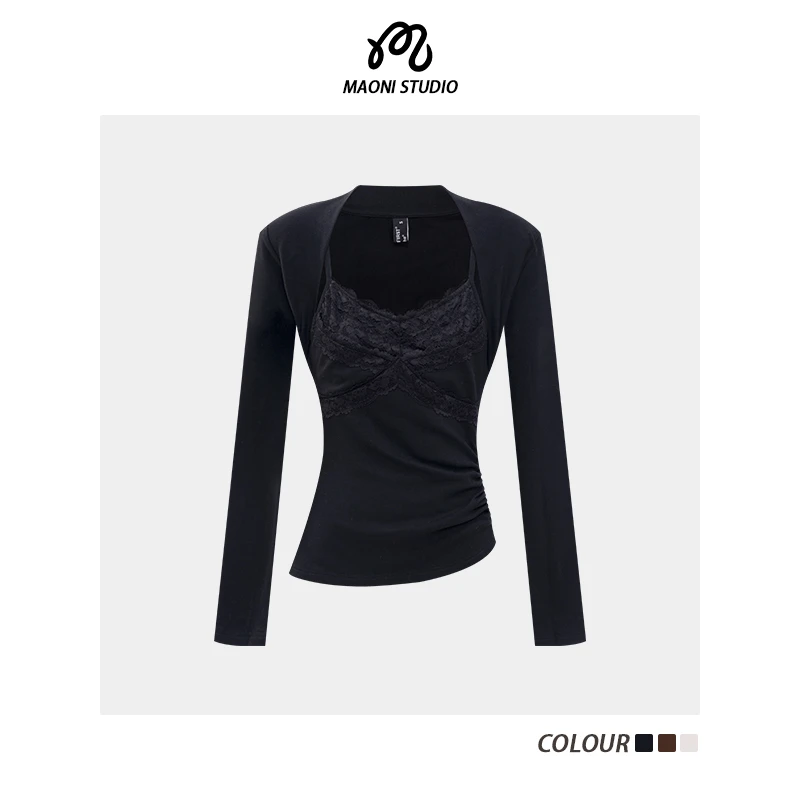 毛妮LADIESFIRST法式纯欲假两件T恤拼接长袖显瘦蕾丝上衣L2815